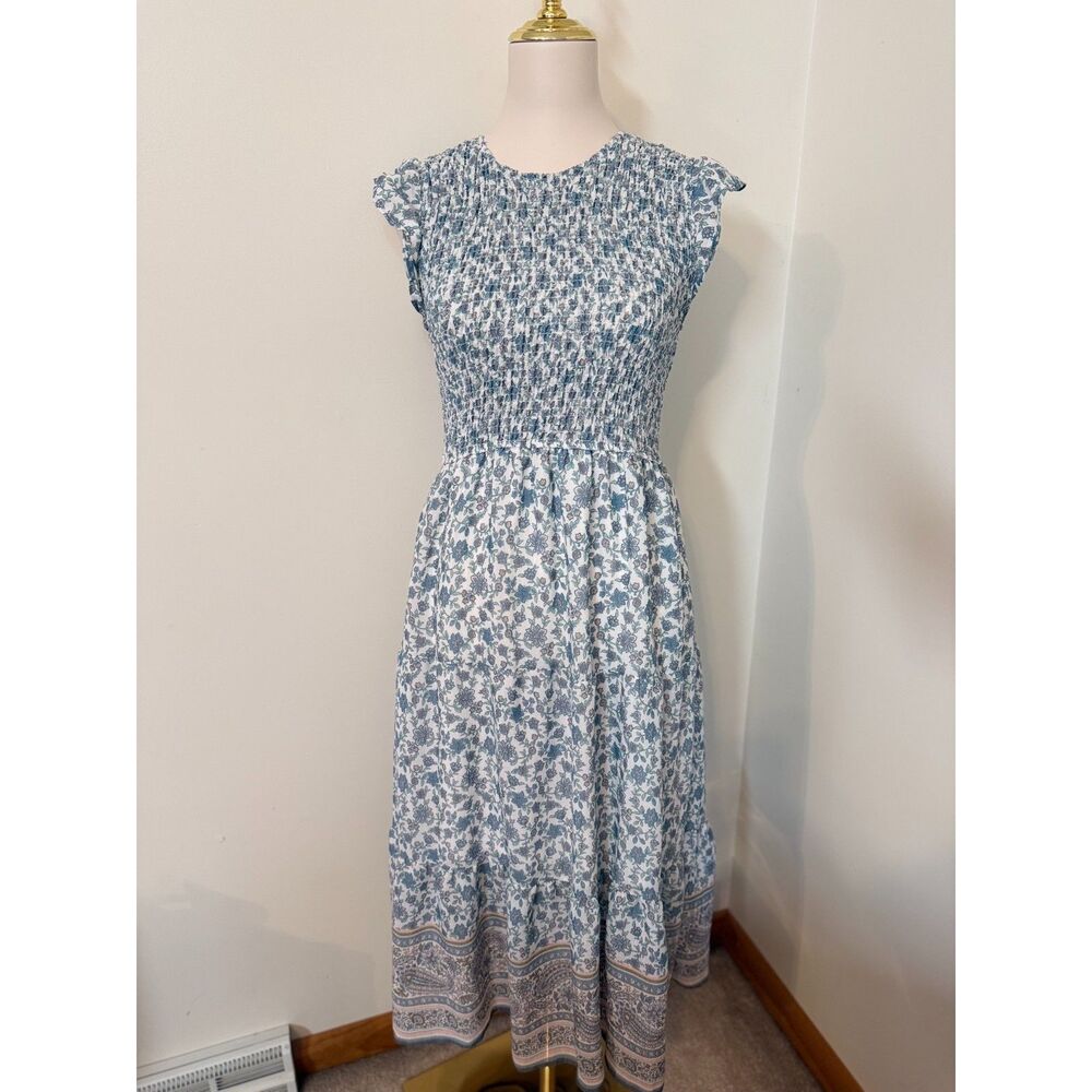 August Sky Floral Smocked Tiered Midi Dress Women’s M Blue Ivory Boho